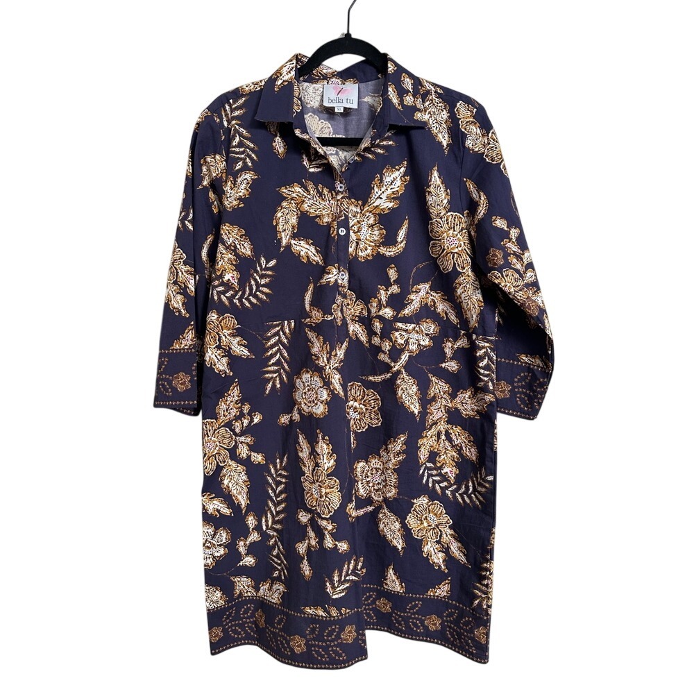 Bella‎ Tu Floral Cotton Blend Henley Tunic Dress Navy Gold Border Size XL